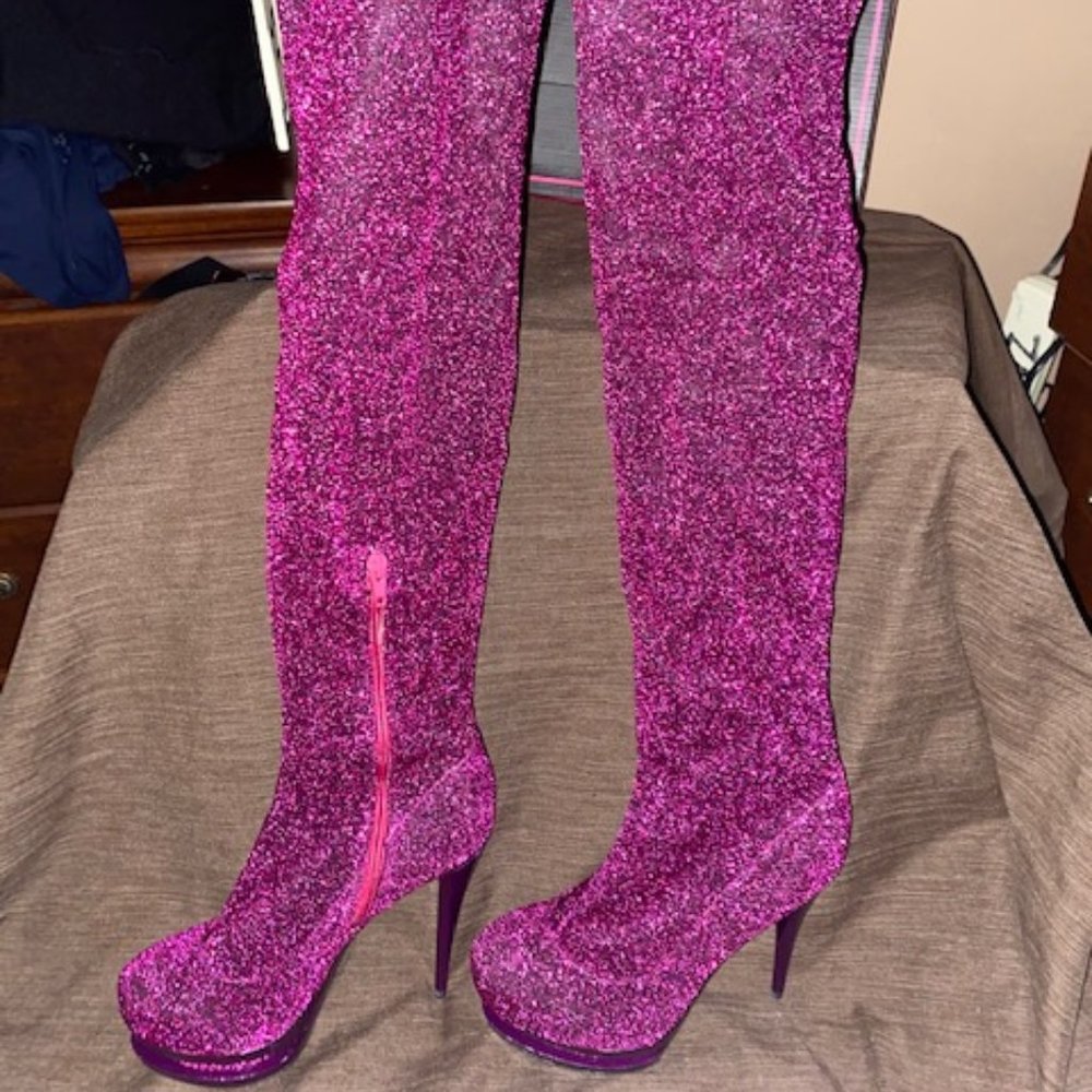 Dreams by California Dolly Thigh High Purple Sparkly Boots Size 7.5